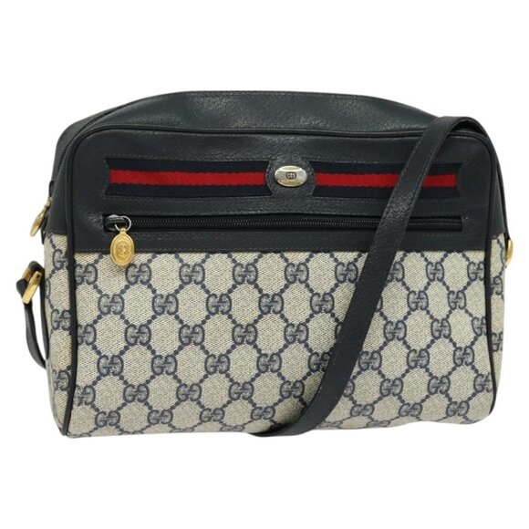 GUCCI GG Supreme Sherry Line Shoulder Bag PVC Navy Gold Auth - Picture 1 of 16